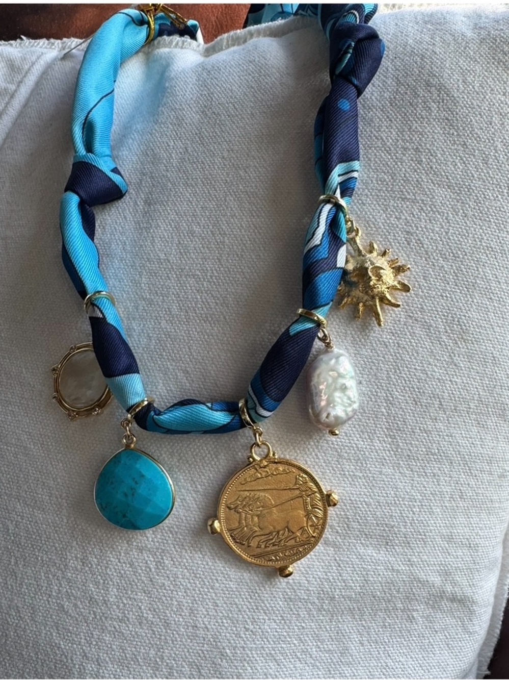 Knotty Bling!! Blue Turquoise Scarf Charm Necklace with Gold Accents